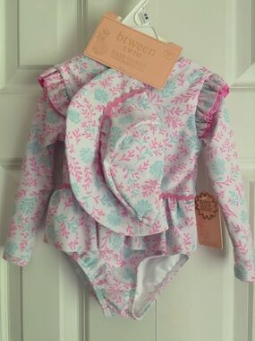 Toddler Girl’s Pink & Light Blue Floral Long-Sleeve Rashguard Swimsuit